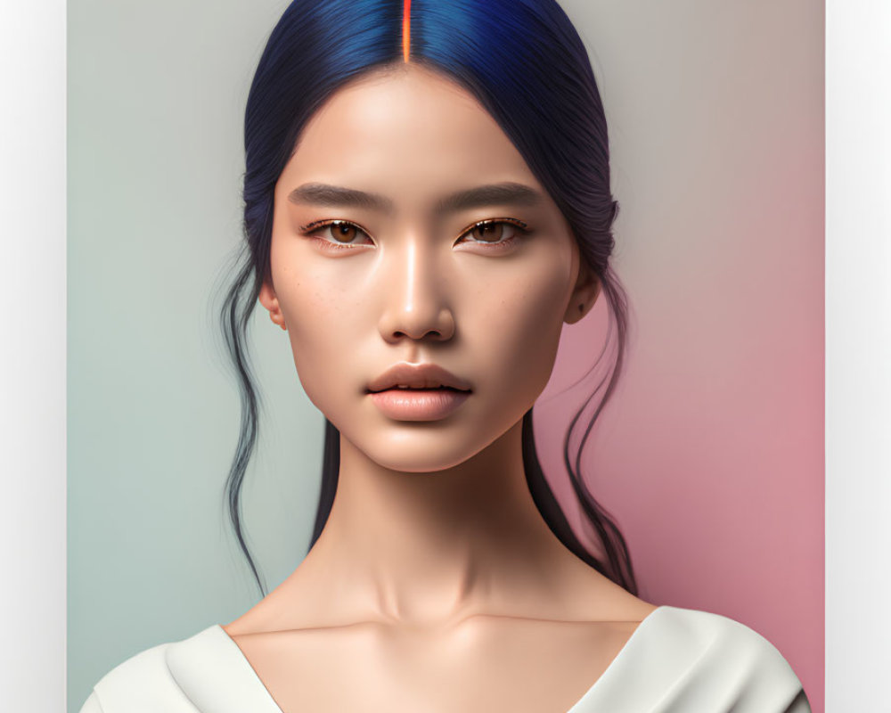 Digital portrait of woman with blue ombre hair and red stripe, white top, gentle gaze,