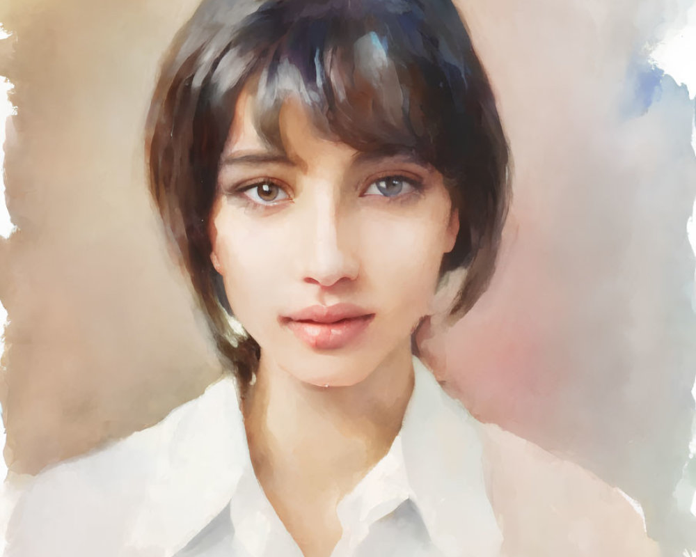 Young woman portrait with short hair and bangs in soft watercolor style and warm tones.