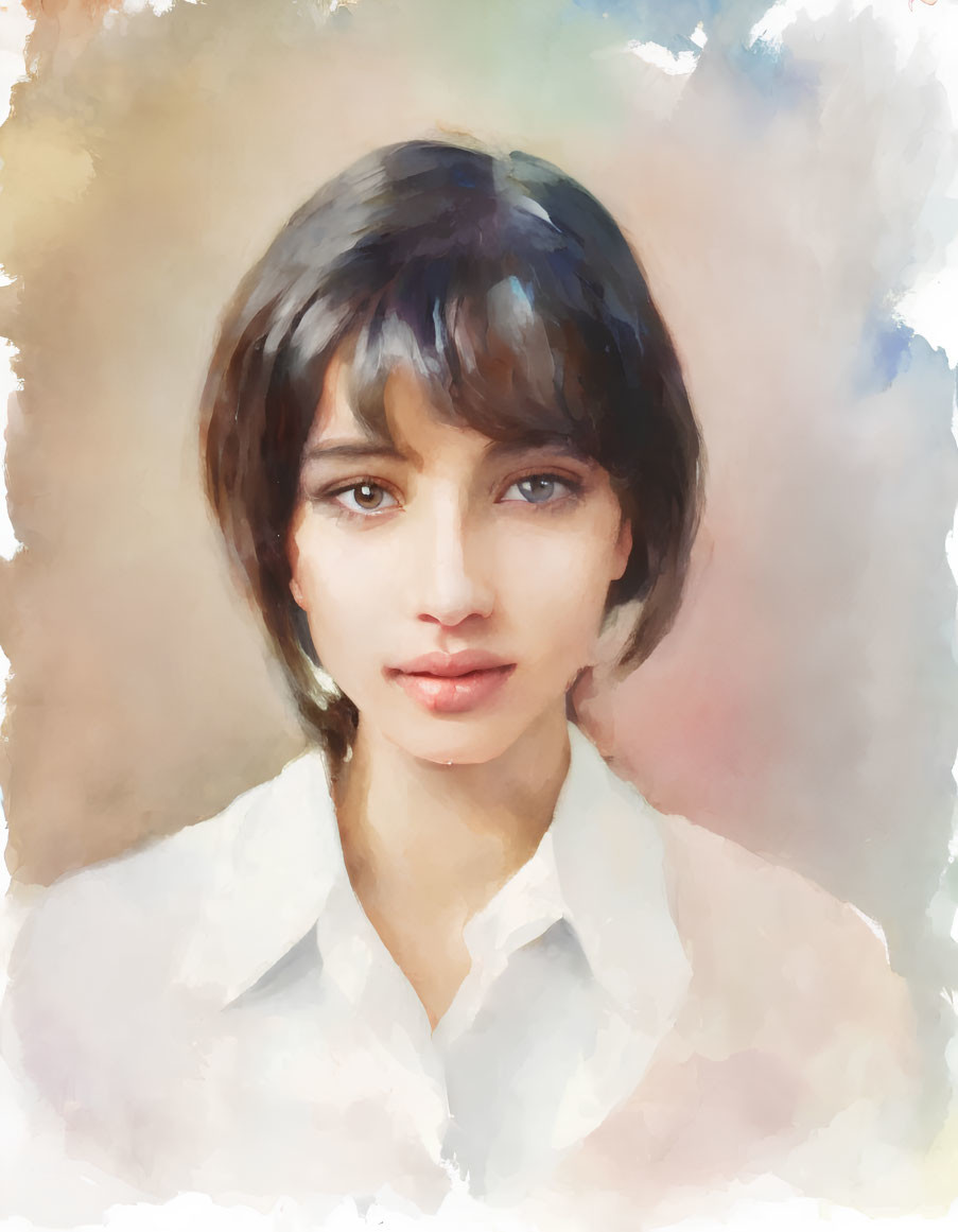 Young woman portrait with short hair and bangs in soft watercolor style and warm tones.