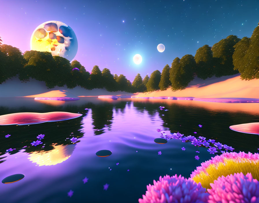 Fantastical landscape with vibrant flowers, reflective lake, and colorful sky