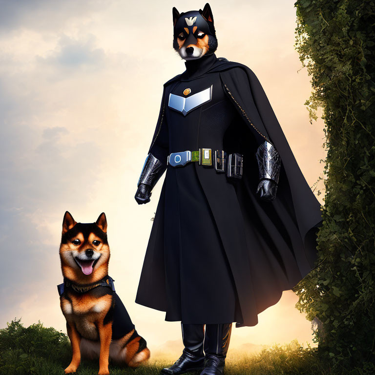 Two Shiba Inu dogs, one in superhero costume, against sunset sky