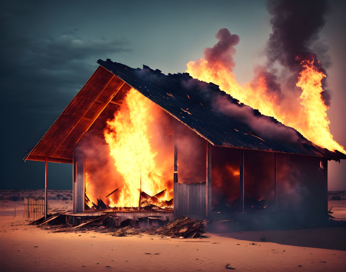 Wooden house engulfed in flames at dusk sky with billowing smoke