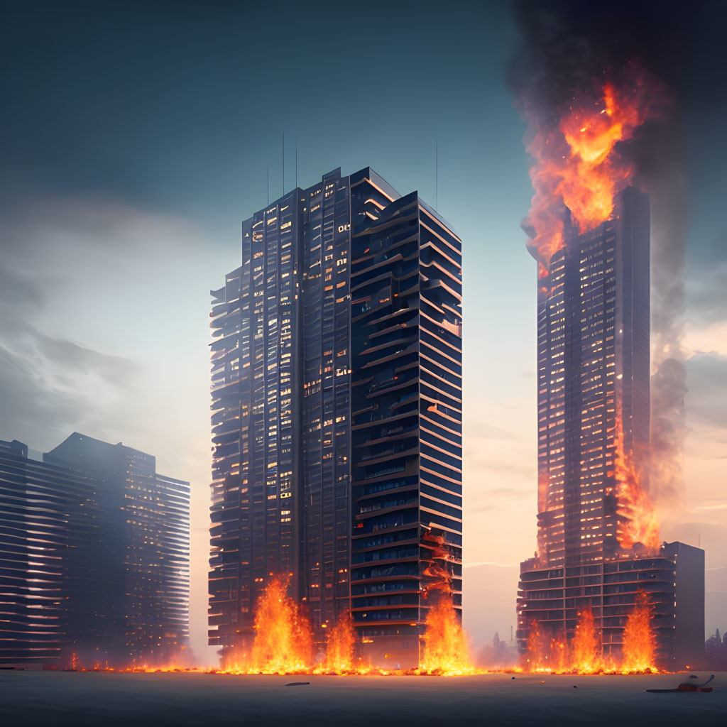 Digital artwork of burning high-rise buildings with billowing smoke