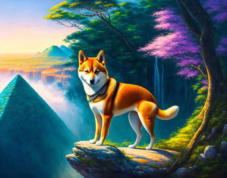 Shiba Inu dog on cliff overlooking mountains, waterfalls, pink tree, vibrant sky