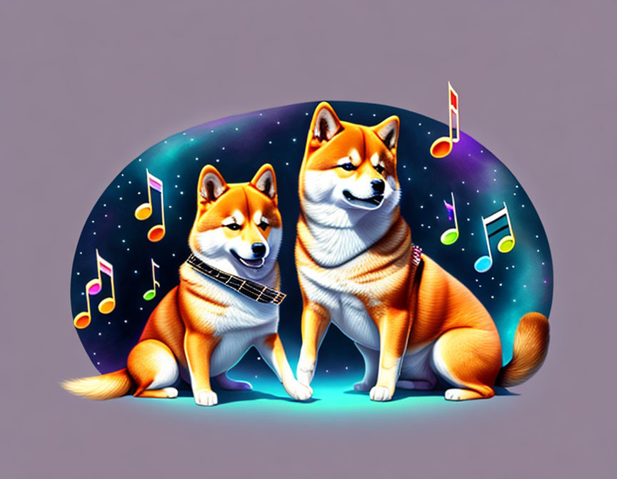 Colorful Musical Note Background with Two Shiba Inu Dogs
