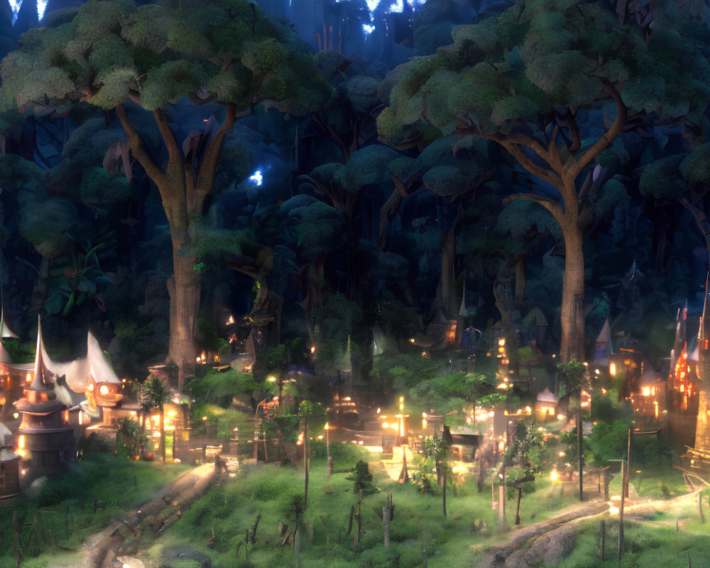 Glowing lights in enchanted forest village at twilight