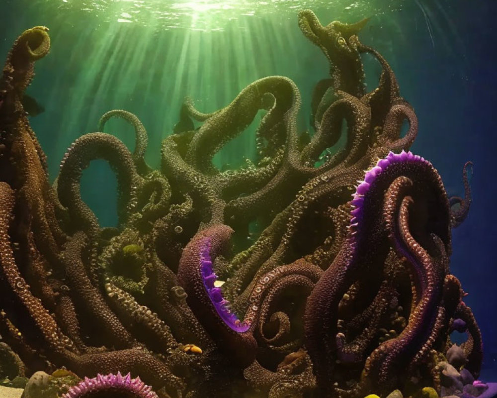 Underwater Scene: Purple Octopus Tentacles Among Coral & Sea Pebbles