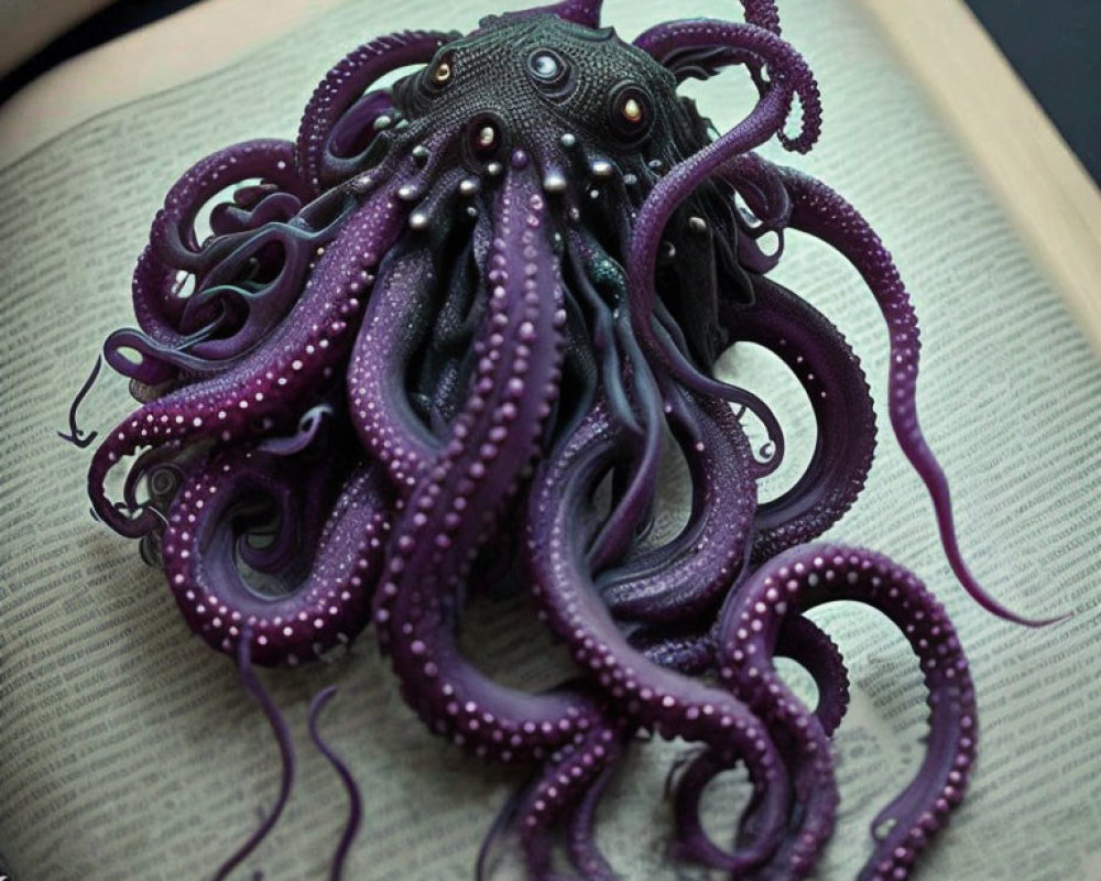 Detailed Purple Octopus Sculpture Resting on Open Book