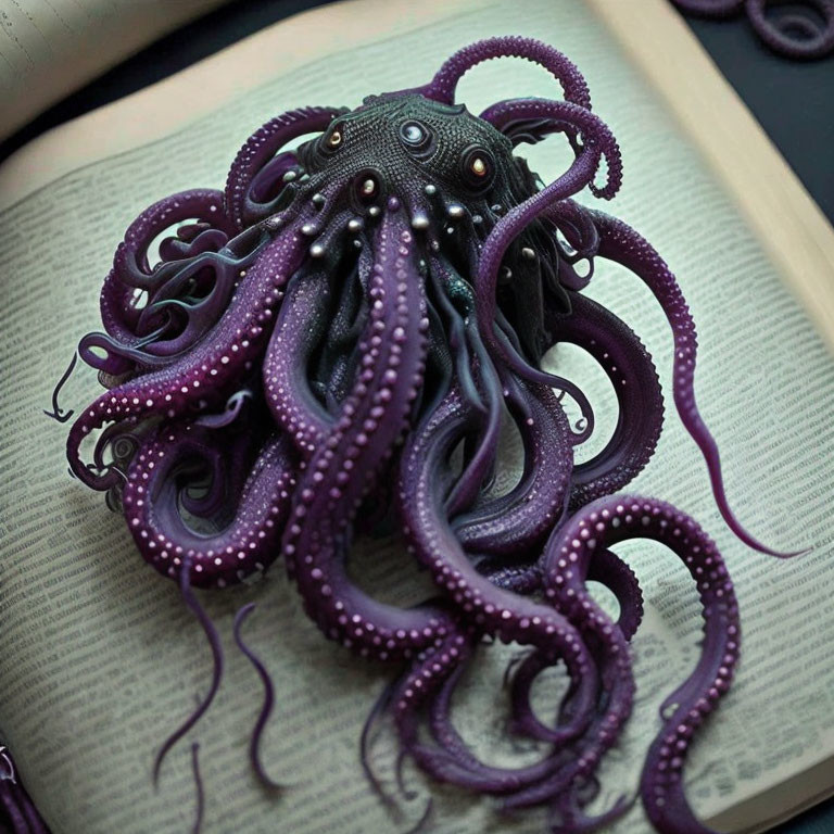 Detailed Purple Octopus Sculpture Resting on Open Book