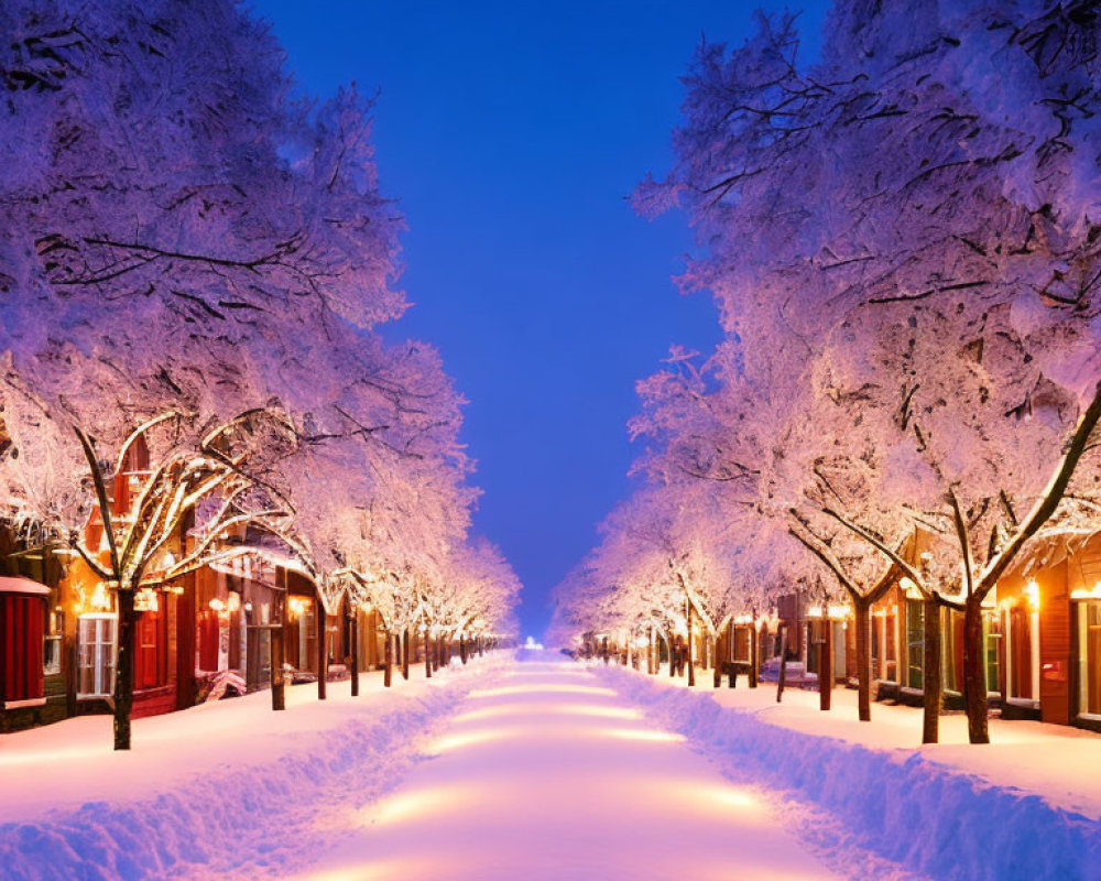 Snow-covered avenue with frosted trees and warm lights