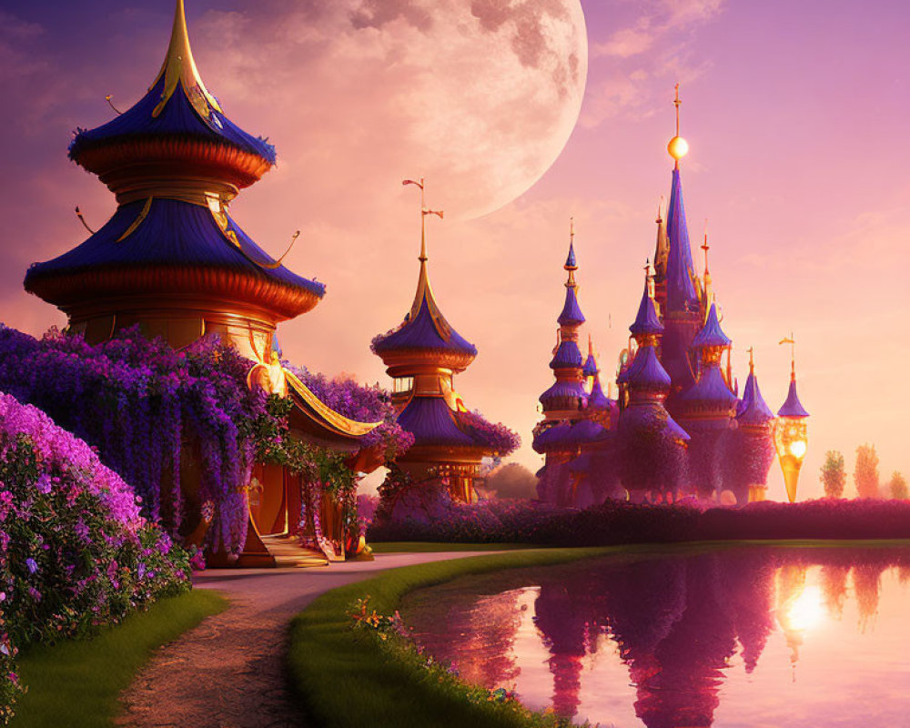 Purple-Roofed Castles by Serene Lake at Moonlit Twilight
