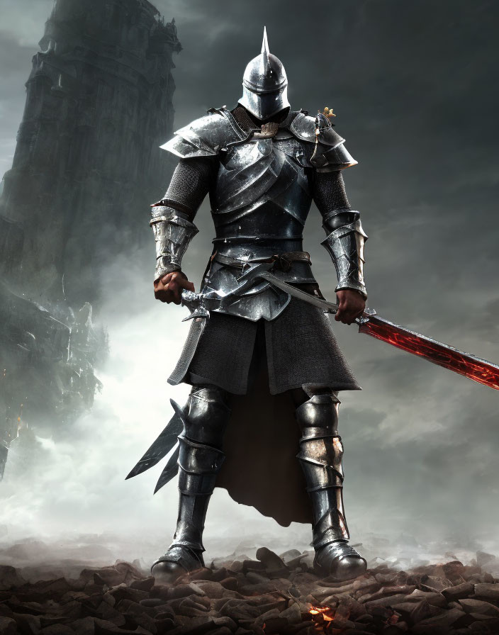 Knight in full plate armor with red sword under stormy sky