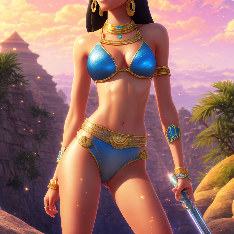 Female warrior with golden jewelry, blue attire, and glowing sword at sunset
