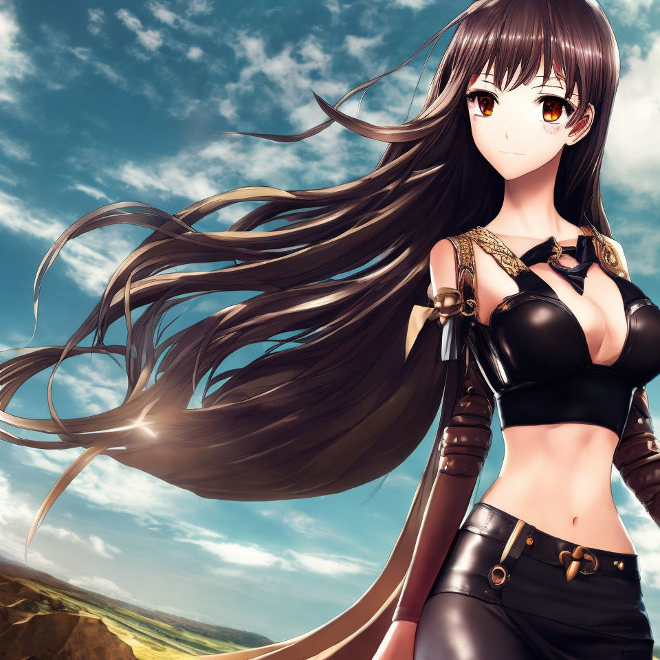 Anime-style girl with long brown hair, amber eyes, black crop top, armored gauntlets,