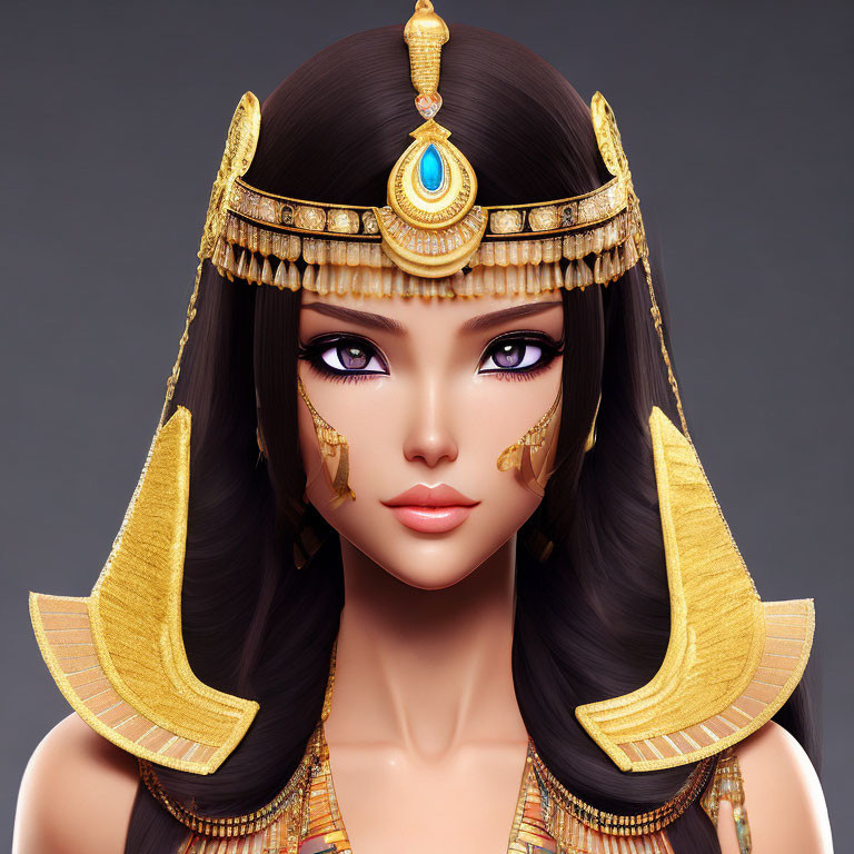 Digital Artwork: Woman with Cleopatra-Inspired Golden Headdress