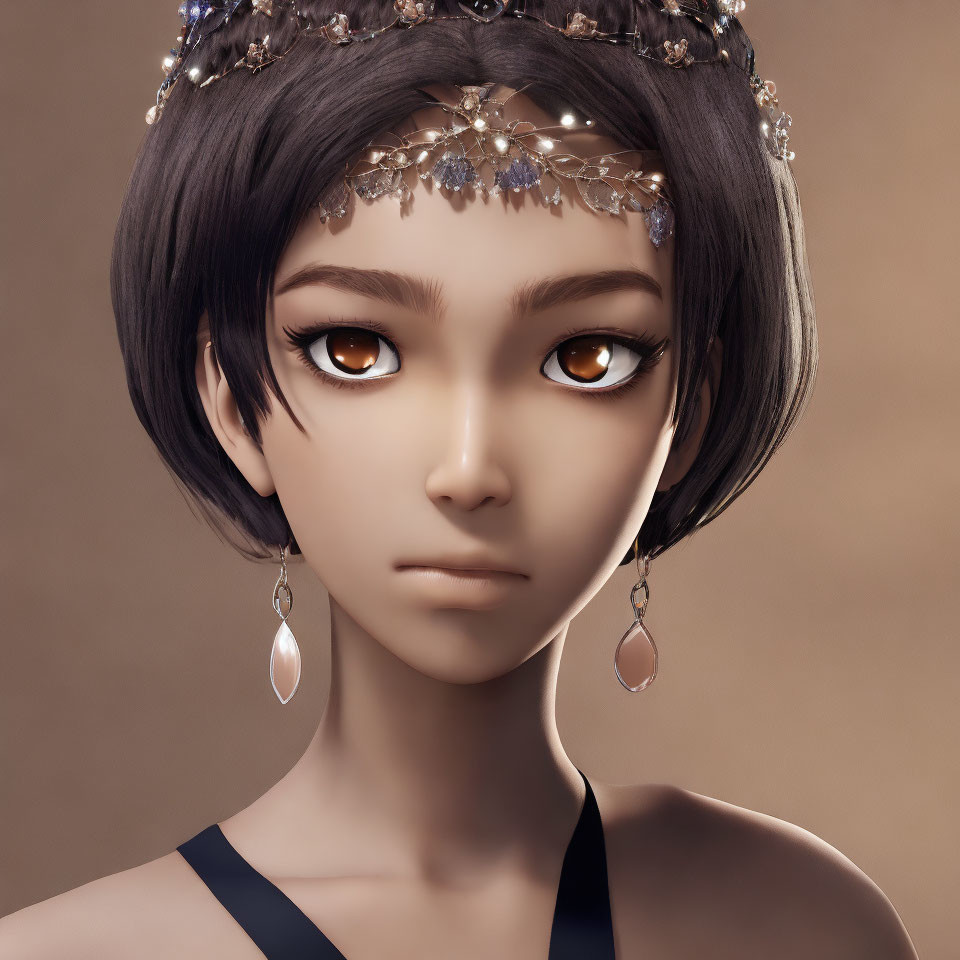 Female character with bob haircut, jeweled headpiece, teardrop earrings, and expressive brown eyes
