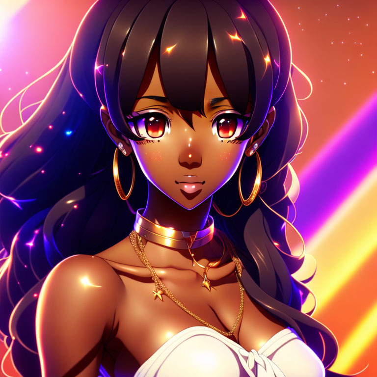 Brown-skinned anime character with amber eyes and starry hair in vibrant scene