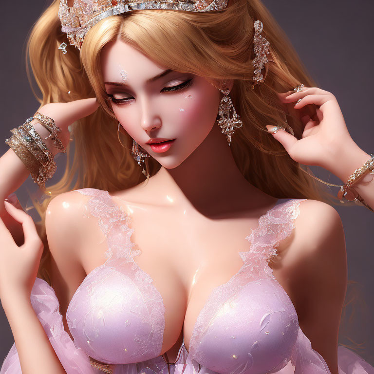 Blonde woman in tiara and pink dress with jewelry