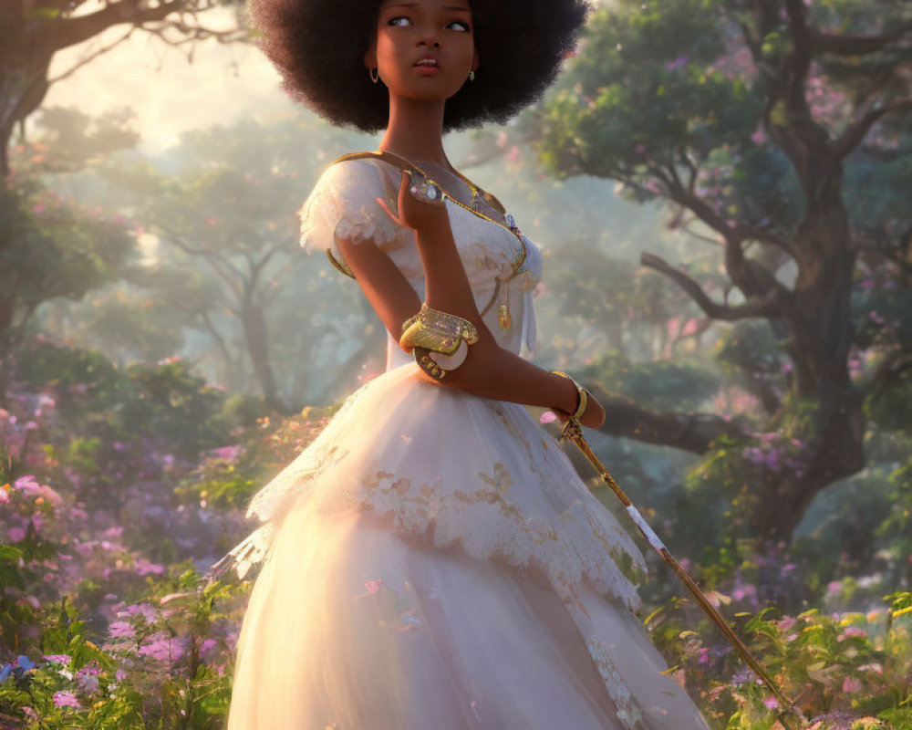 Regal woman with large afro in sunlit forest with sword