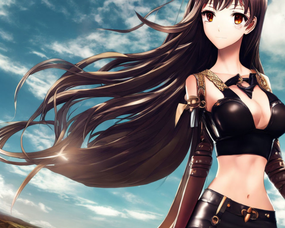 Anime-style girl with long brown hair, amber eyes, black crop top, armored gauntlets,