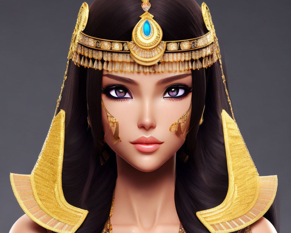 Digital Artwork: Woman with Cleopatra-Inspired Golden Headdress