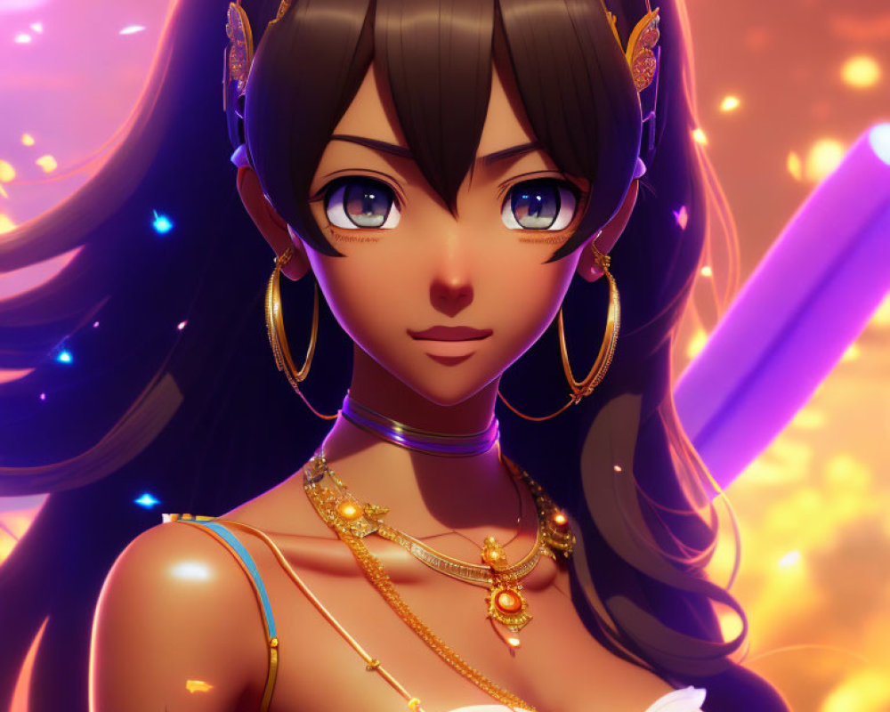Anime-style female character portrait with brown hair, blue eyes, and gold jewelry on orange background