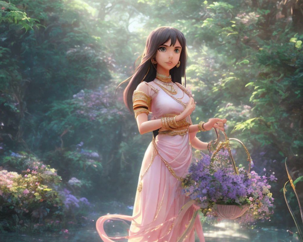 Digital illustration of woman in Indian attire in mystical forest.