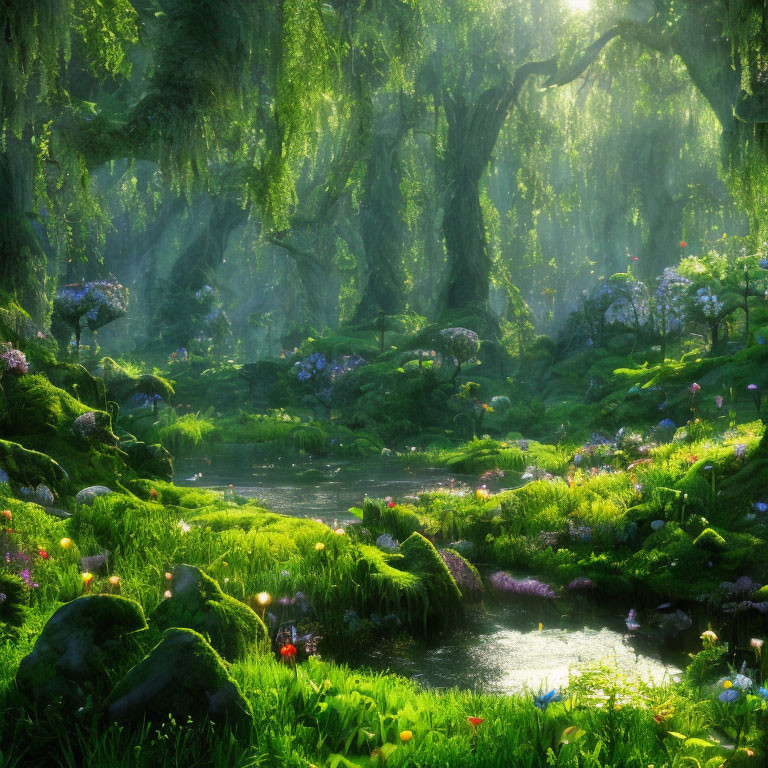 Lush Green Forest with Stream and Sunlight