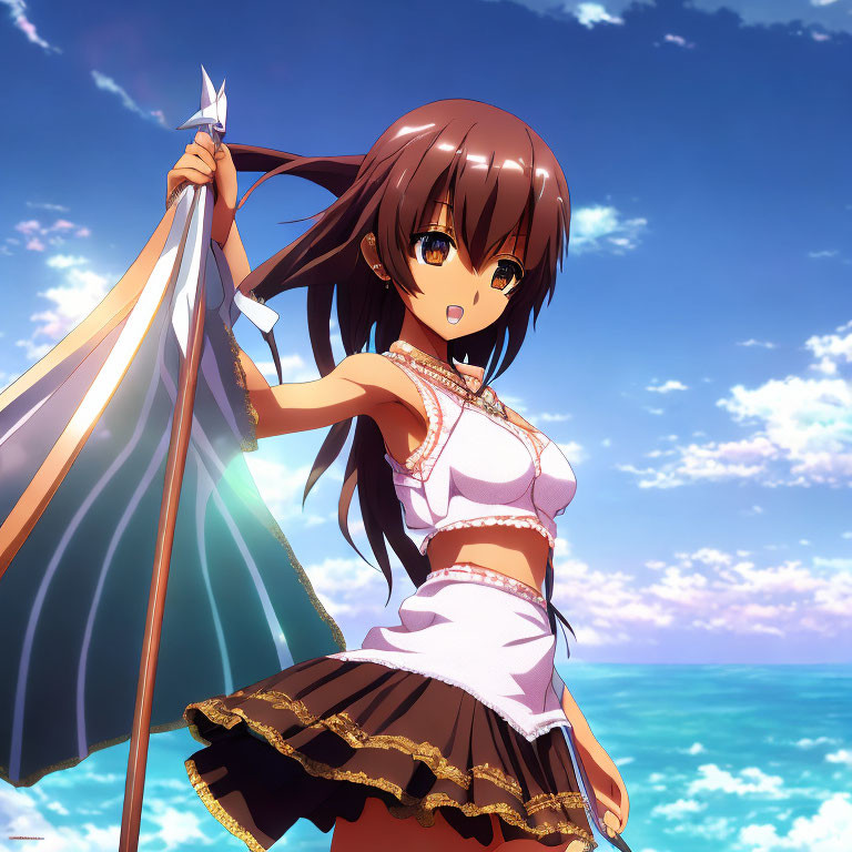 Anime girl with long brown hair holding paper umbrella by blue sea