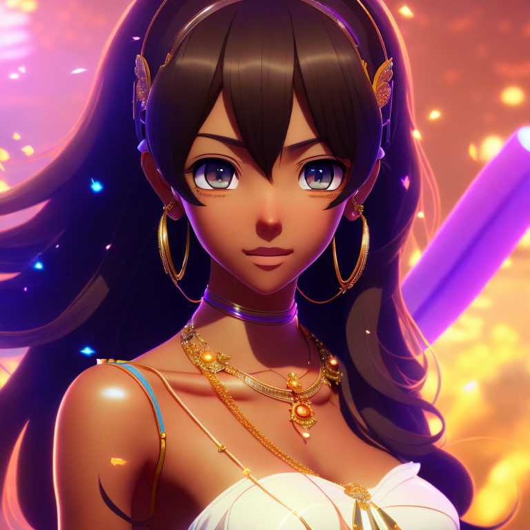 Anime-style female character portrait with brown hair, blue eyes, and gold jewelry on orange background