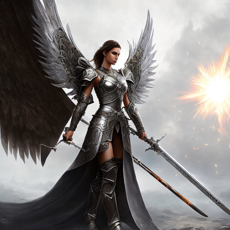 Warrior with angelic wings and silver armor ready for battle