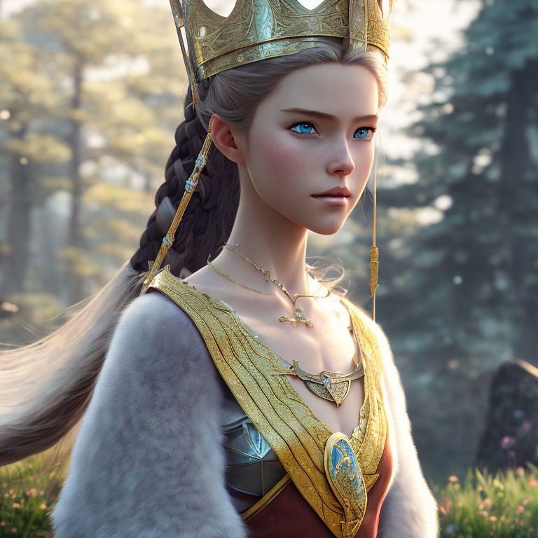 Young queen with blue eyes and braided hair in regal attire in tranquil forest.