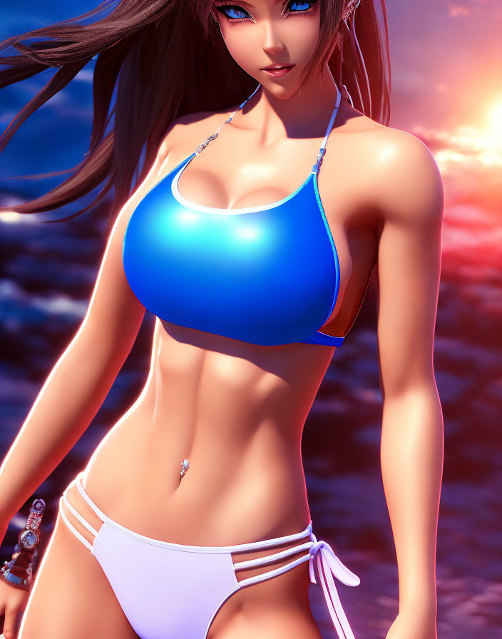 Computer-generated woman with blue eyes in blue bikini at sunset beach