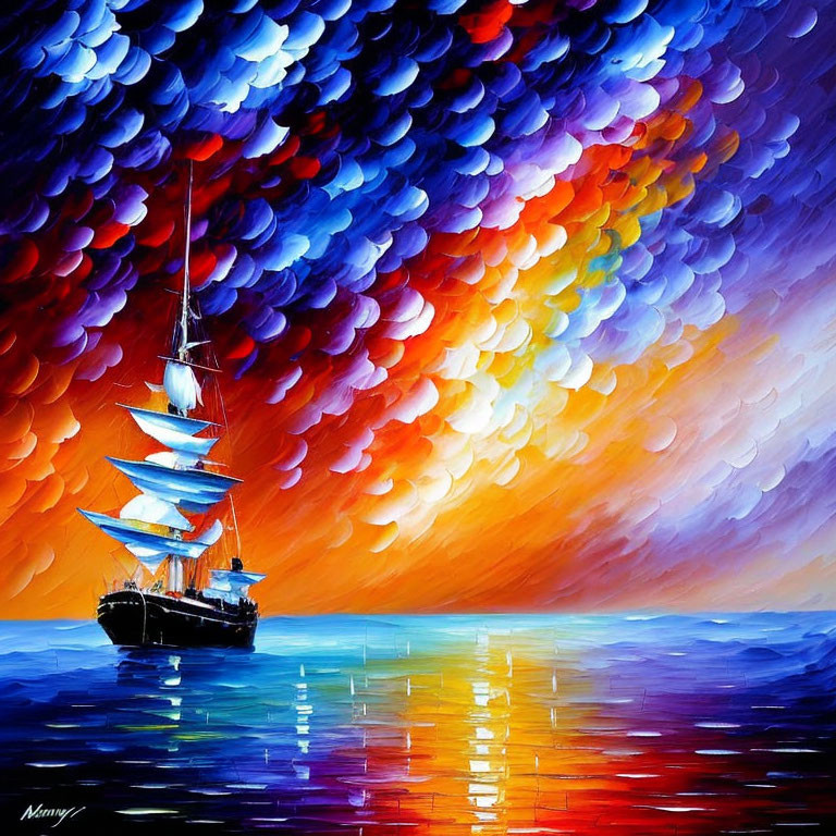 Colorful sailing ship on textured sea under fiery sky blend.