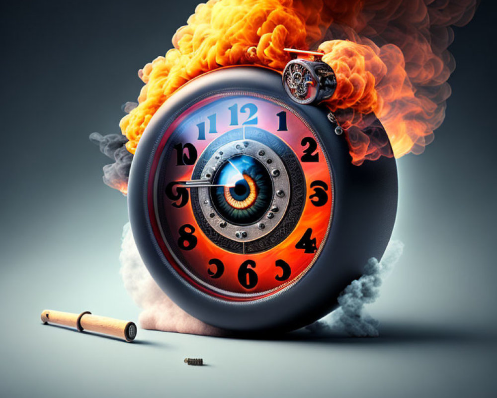 Surreal melting clock with eye, smoking cigar, and flaming watch