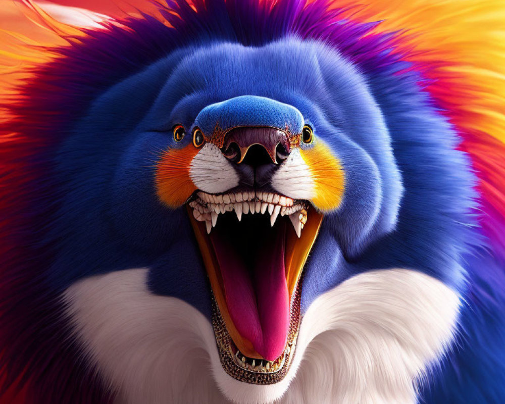 Colorful Roaring Lion with Exaggerated Mane in Blue, Orange, and Purple