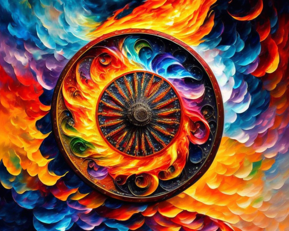 Colorful Circular Wheel Painting with Swirling Flames in Blue, Orange, and Red