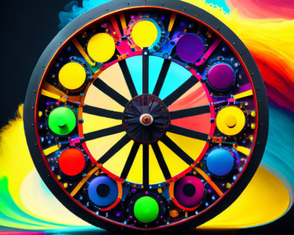 Vibrant spinning wheel with colorful paint splashes on black background
