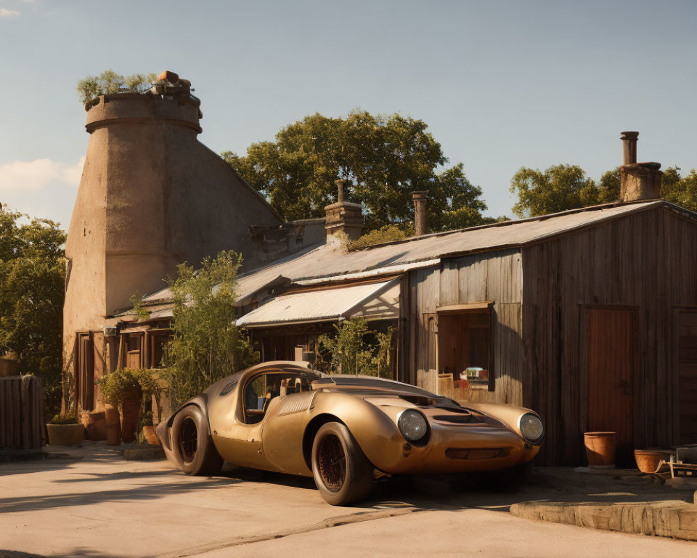Vintage Sports Car Parked in Front of Rustic Buildings and Clay Chimney at Dusk