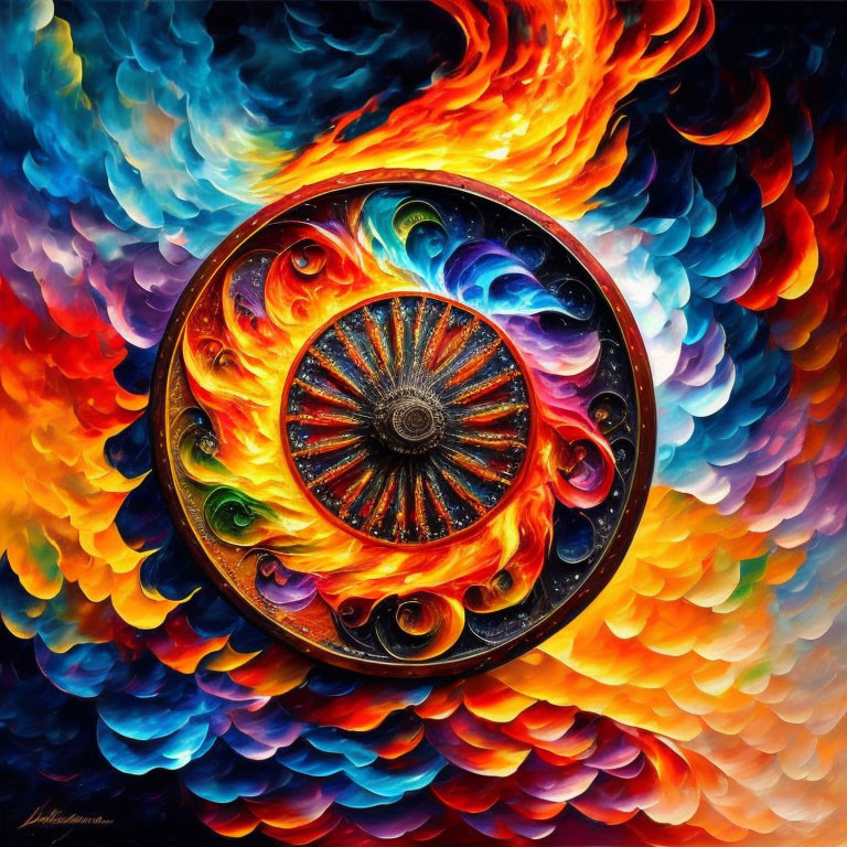 Colorful Circular Wheel Painting with Swirling Flames in Blue, Orange, and Red
