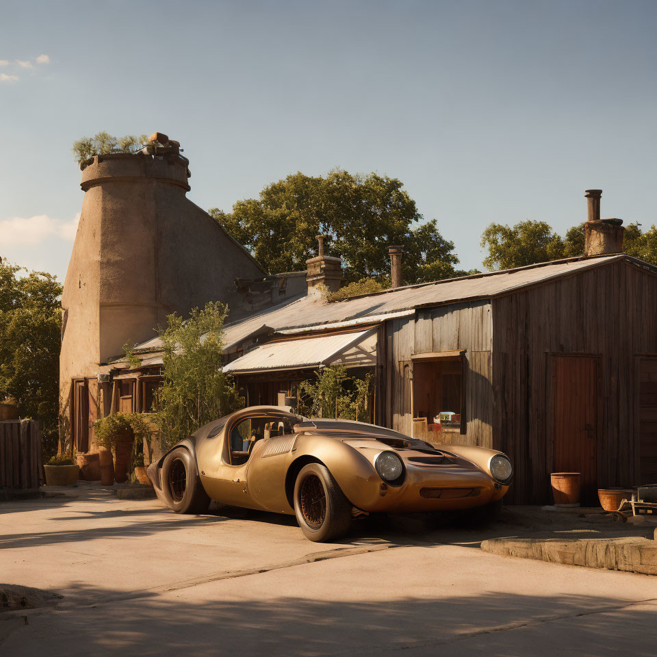 Vintage Sports Car Parked in Front of Rustic Buildings and Clay Chimney at Dusk