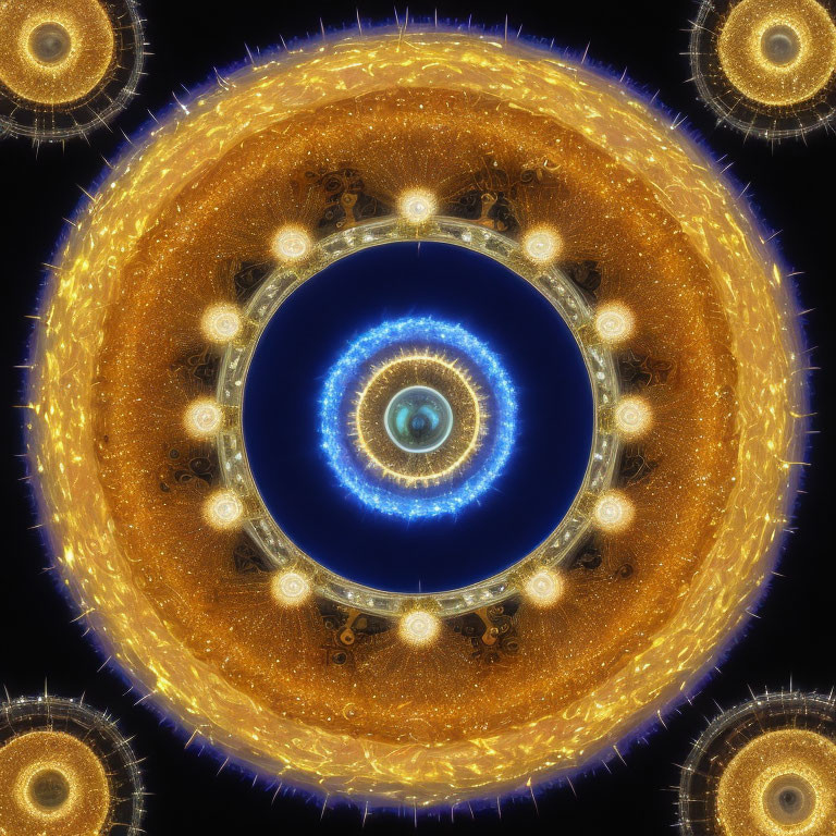 Symmetrical Blue and Gold Fractal Image with Radiating Circular Patterns