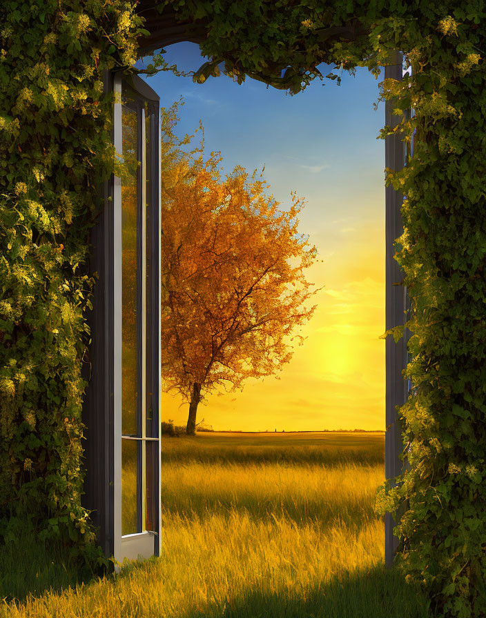 Window frame in hedge frames lone tree in golden field at sunset
