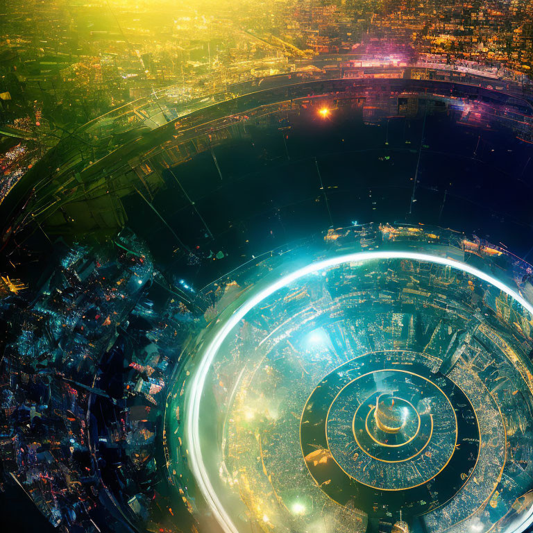 Futuristic night cityscape with glowing urban circles and neon lights