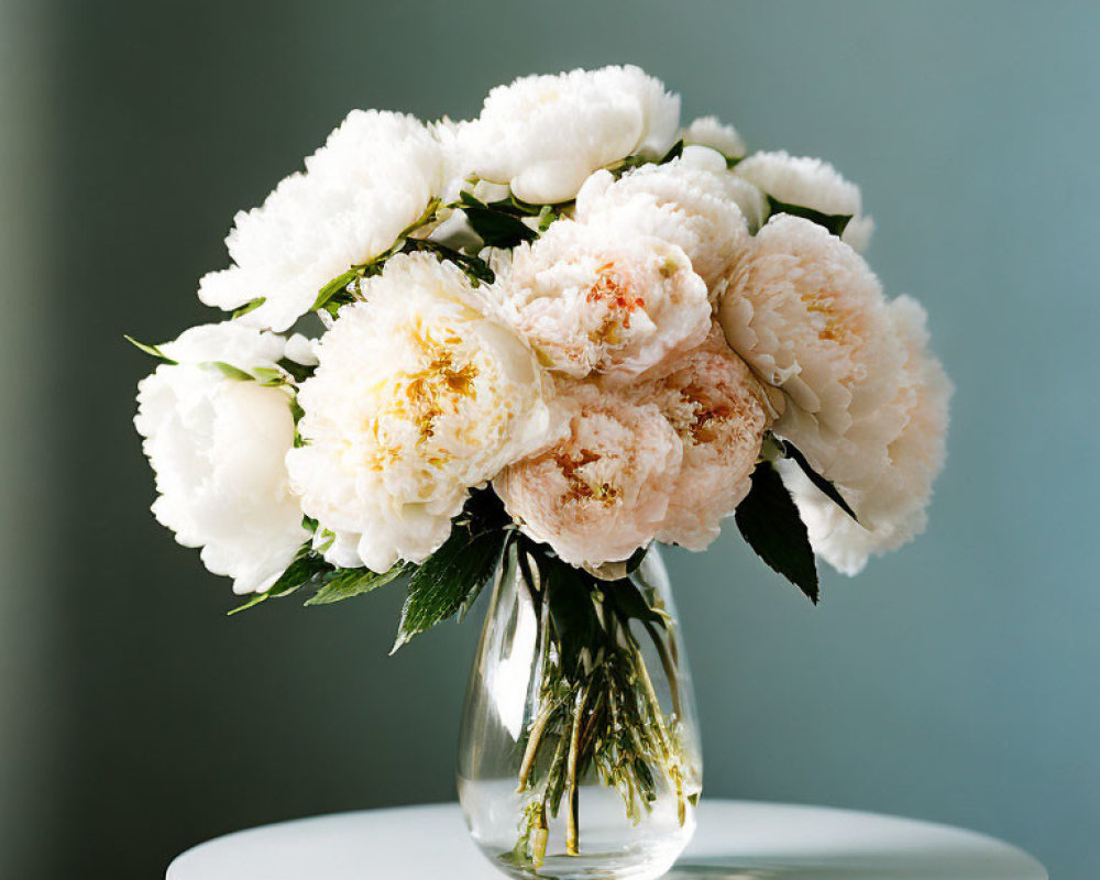 Lush white and pale pink peonies in vase on white table, teal background