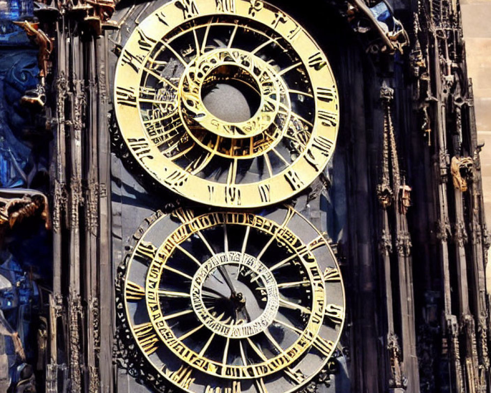 Intricate Astronomical Clock with Golden Symbols and Roman Numerals