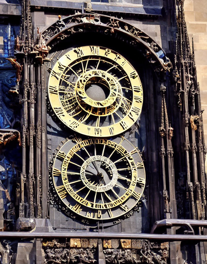 Intricate Astronomical Clock with Golden Symbols and Roman Numerals