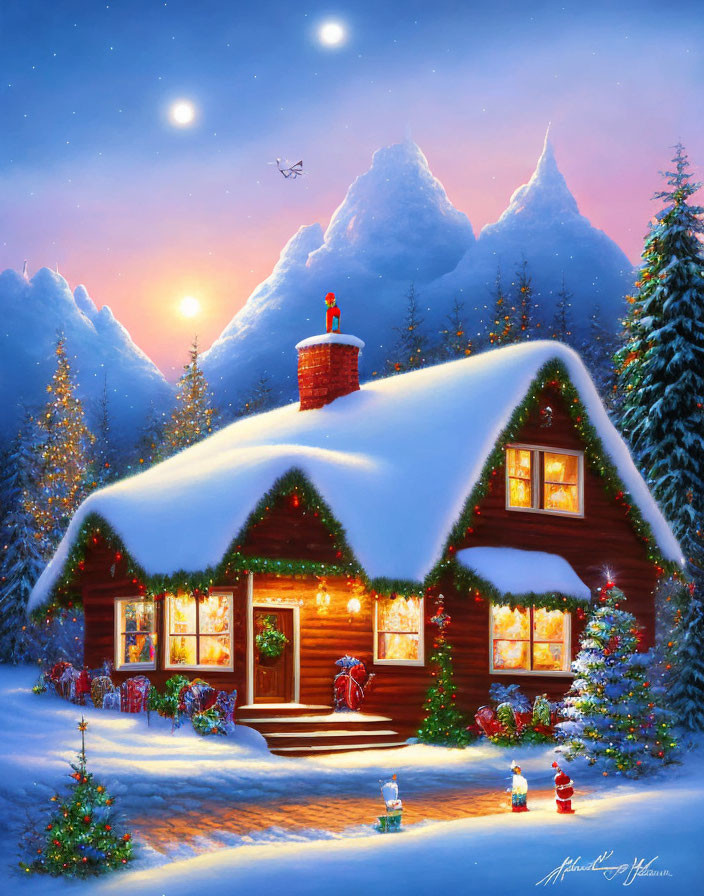 Snow-covered cabin with Christmas decorations in twilight scene.