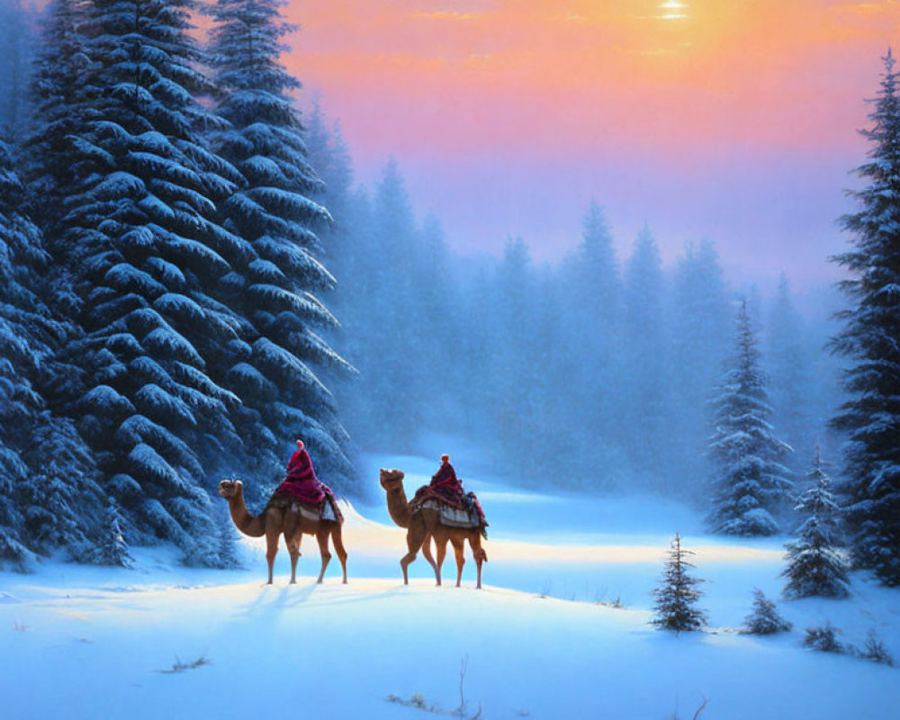 Camels with riders in snowy landscape at sunset