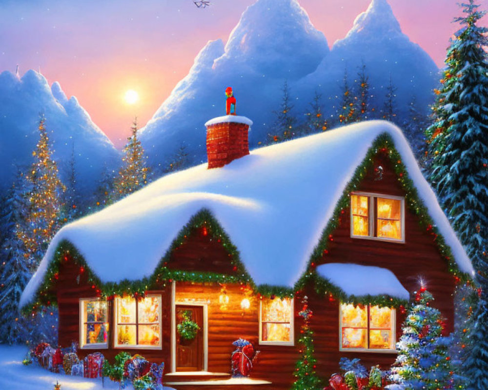 Snow-covered cabin with Christmas decorations in twilight scene.